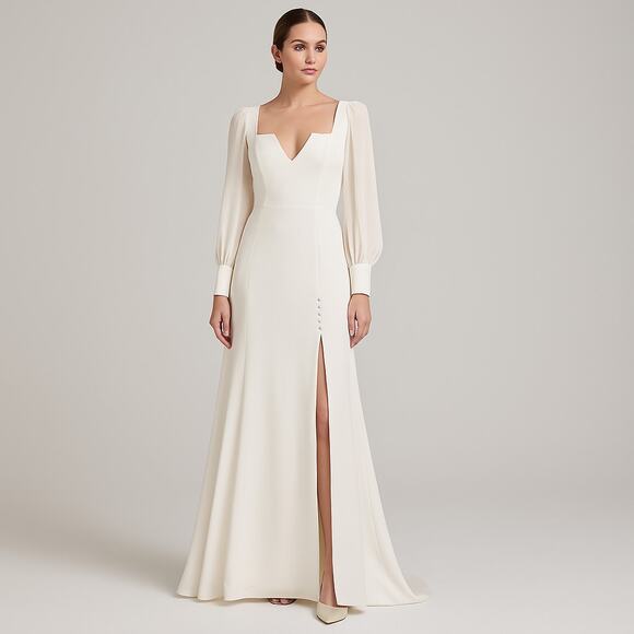 Jenny Yoo Long Bishop Sleeve Wedding Dress Deep V Back Gown White Ivory Size 2 - Picture 1 of 10